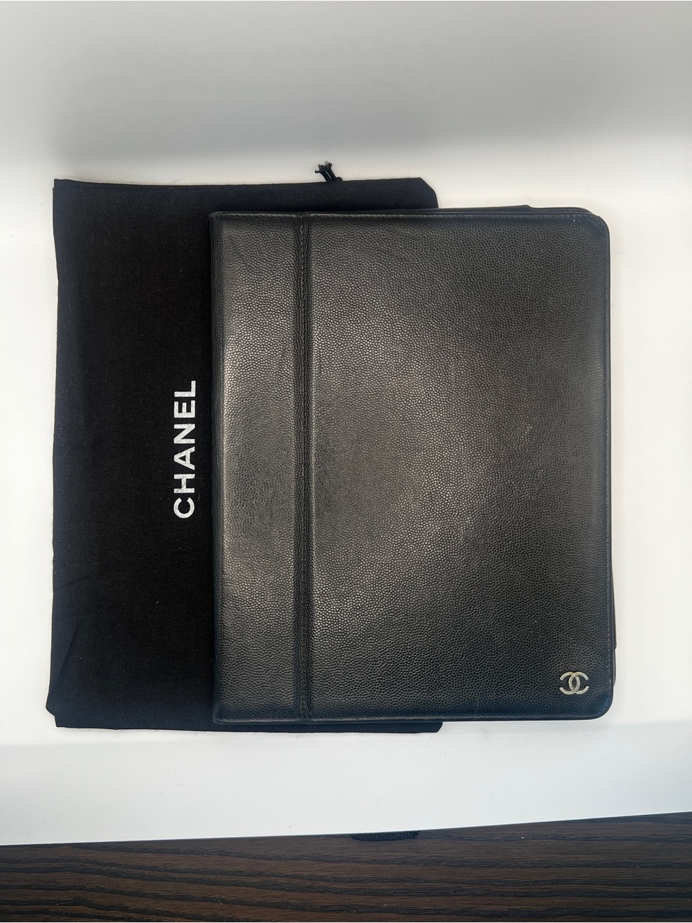 **Rare** CHANEL Black Caviar Leather iPad Tablet Case Holder w/ Folding Stand CC